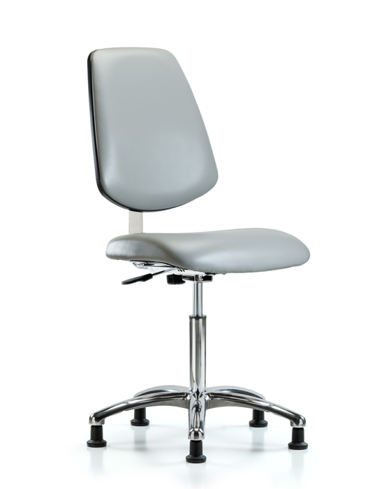 Blue Ridge Ergonomics CLR-VMBCH-MB-CR-NF-RG-8567 Class 10 Clean Room Vinyl Chair Chrome - Medium Bench Height with Medium Back & Stationary Glides in Dove Trailblazer™ Vinyl