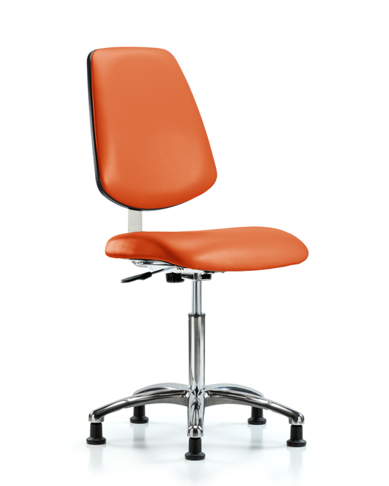 Blue Ridge Ergonomics CLR-VMBCH-MB-CR-NF-RG-8613 Class 10 Clean Room Vinyl Chair Chrome - Medium Bench Height with Medium Back & Stationary Glides in Orange Kist Trailblazer™ Vinyl