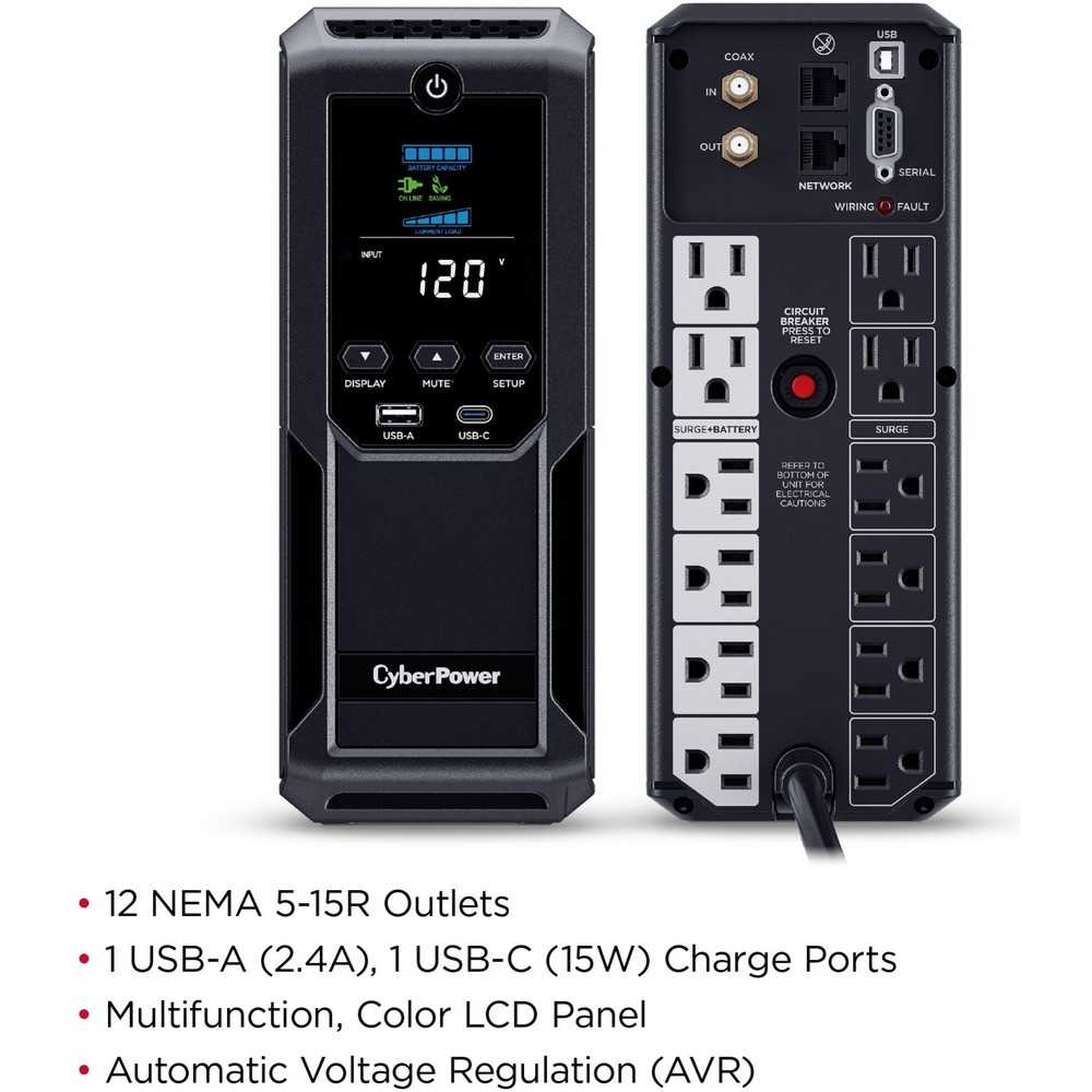 CyberPower Intelligent LCD UPS CP1350AVRLCD3 1350VA Mini-tower UPS - Mini-tower - AVR - 8 Hour Recharge - 4 Minute Stand-by - 120 V AC Input - 120 V AC Output - Serial Port - 12 x NEMA 5-15R, 1 x USB Type A, 1 x USB Type C