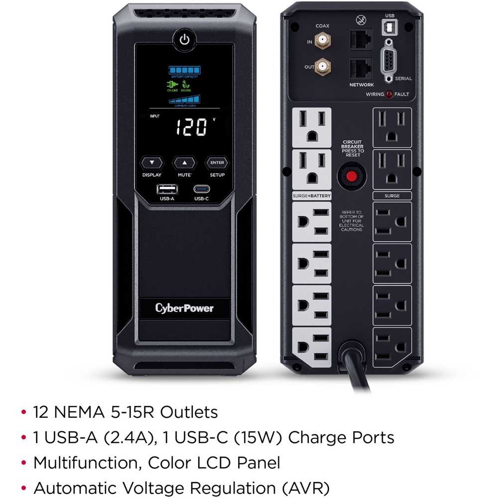 CyberPower Intelligent LCD UPS CP1500AVRLCD3 1500VA Mini-tower UPS - Mini-tower - AVR - 8 Hour Recharge - 3 Minute Stand-by - 120 V AC Input - 120 V AC Output - Serial Port - 12 x NEMA 5-15R, 1 x USB Type A, 1 x USB Type C