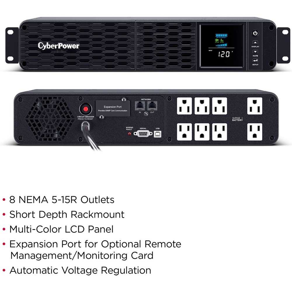 CyberPower CP1500PFCRM2U PFC Sinewave UPS Systems - 2U Rack-mountable - AVR - 8 Hour Recharge - 3.10 Minute Stand-by - 120 V AC Input - Serial Port - 8 x NEMA 5-15R