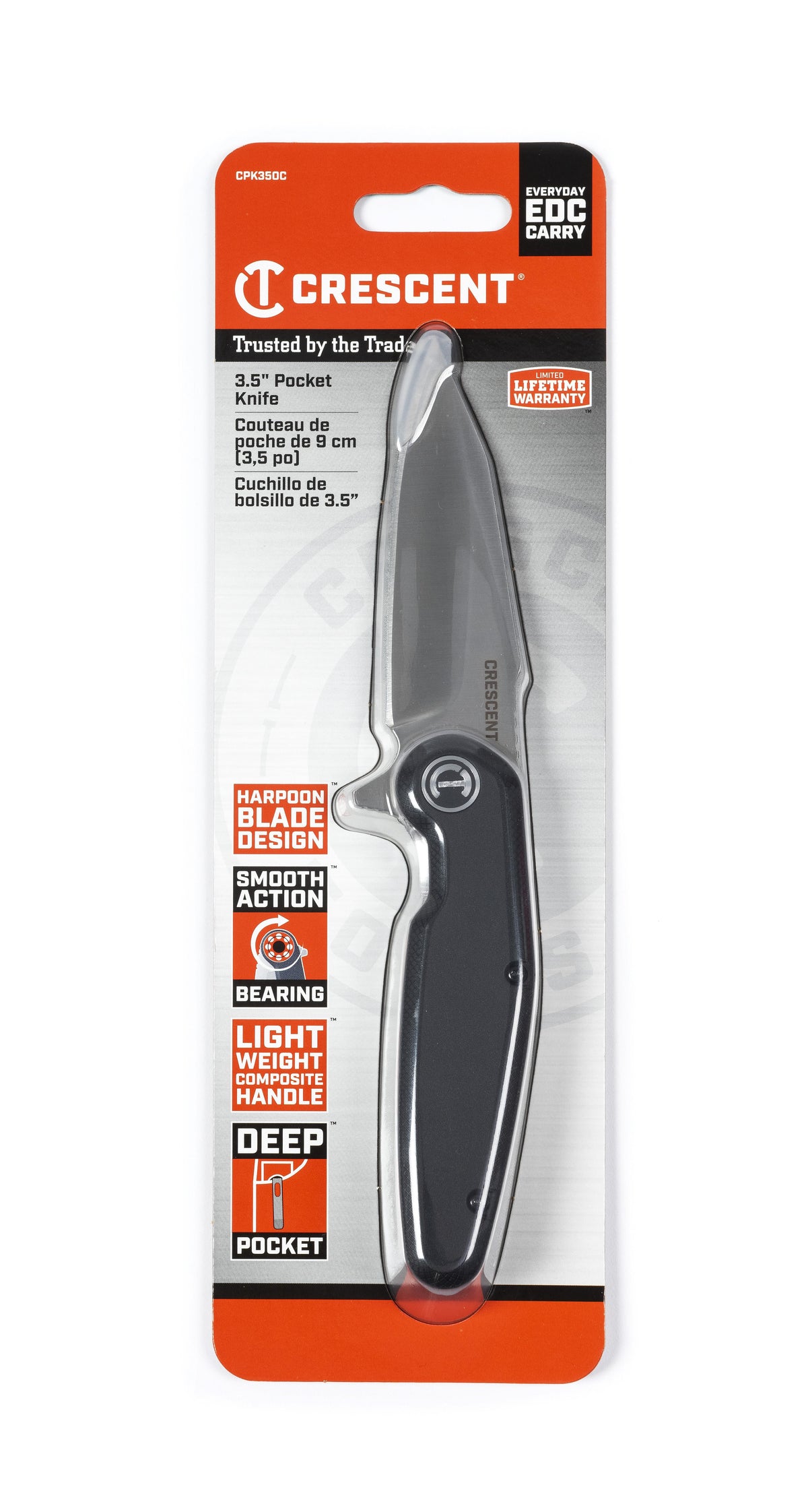 Crescent CPK350C 3-1/2" Harpoon Blade Composite Handle Pocket Knife, Black