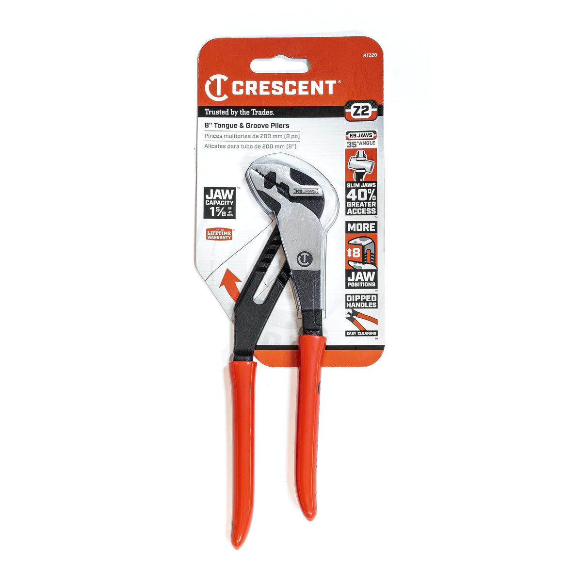 Crescent RTZ28 8" Z2 K9™ Straight Jaw Dipped Handle Tongue and Groove Pliers