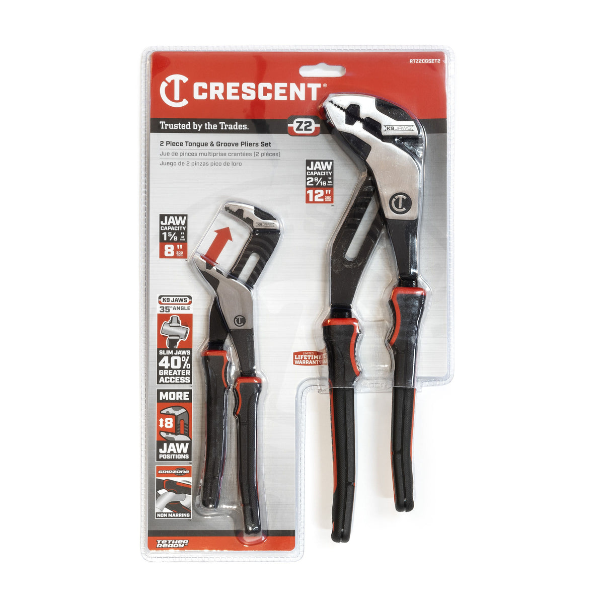 Crescent RTZ2CGSET2 2 Piece Z2™ K9™ Straight Jaw Dual Material Tongue and Groove Plier Set