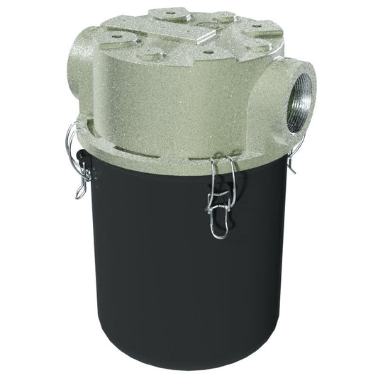 Solberg CT-SML235-250C SpinMeister® Inline T-Style Vacuum Filter – 2.5" NPSC, Extreme Duty Precleaner, Carbon Steel Bucket