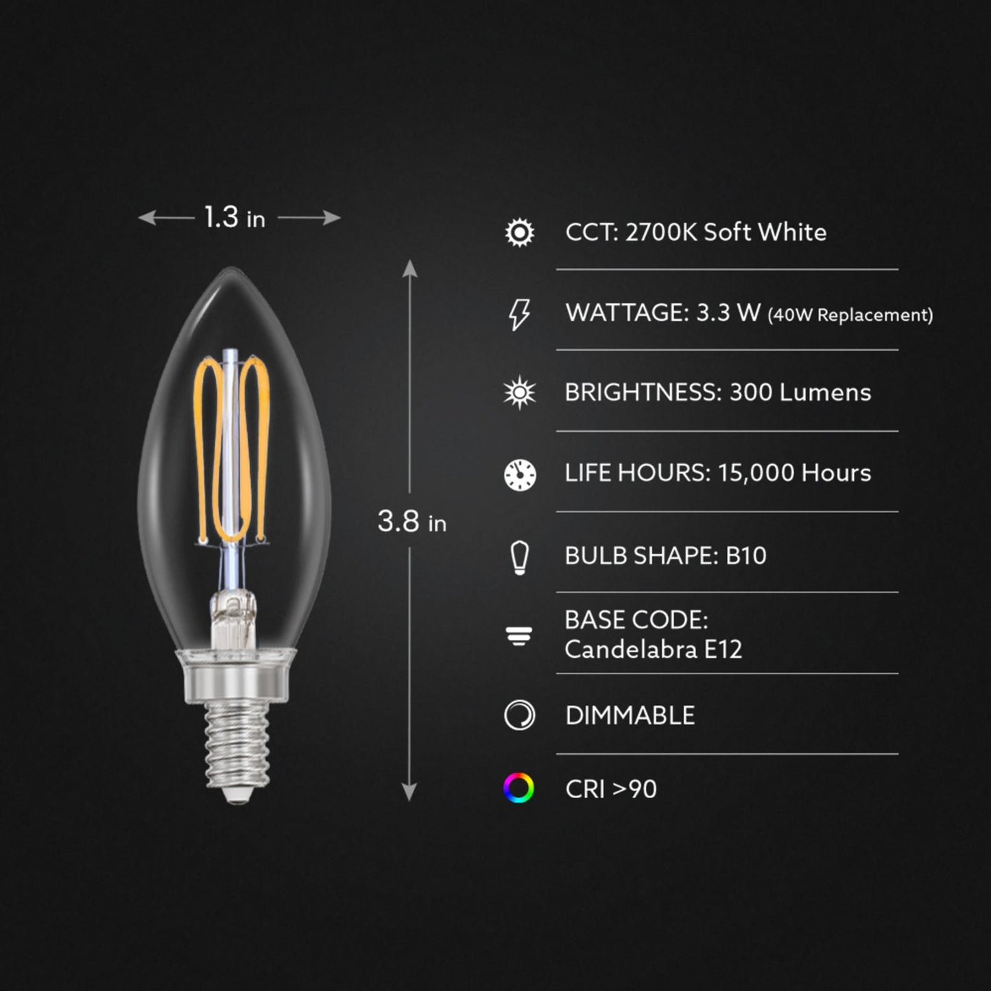 Feit Electric CTC40927CATFIL/2 3.3W (40W Equivalent) Soft White (2700K) E12 Base Candelabra Dimmable Thin Filament Clear Glass Chandelier LED Light Bulb (2-Pack)