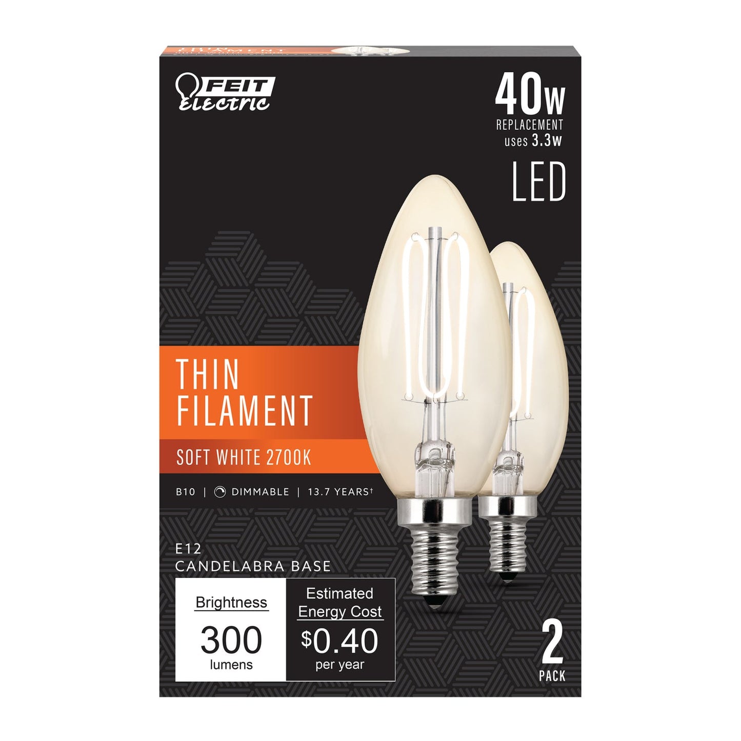 Feit Electric CTC40927CATFIL/2 3.3W (40W Equivalent) Soft White (2700K) E12 Base Candelabra Dimmable Thin Filament Clear Glass Chandelier LED Light Bulb (2-Pack)