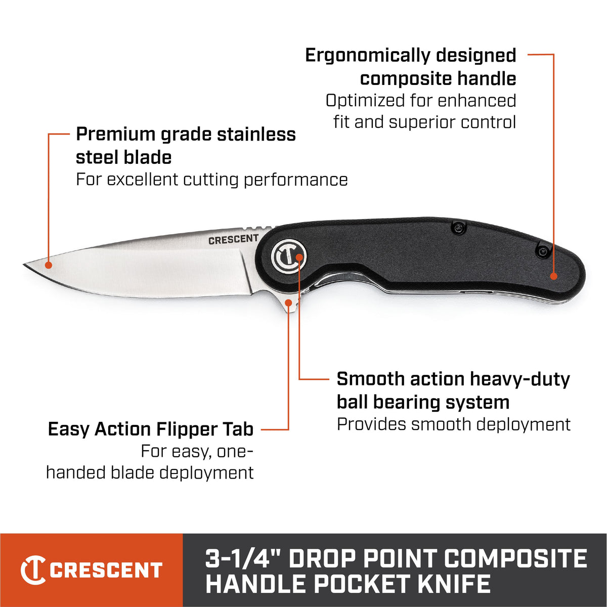 Crescent CPK350C 3-1/2" Harpoon Blade Composite Handle Pocket Knife, Black