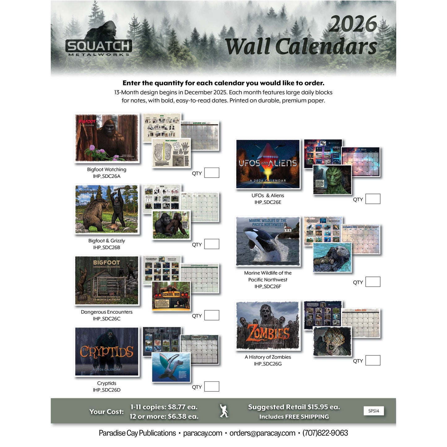 Paradise Clay SPS14 Squatch Metalworks Package Deal - 2026 Wall Calendars (WHOLESALE ONLY) SPS14