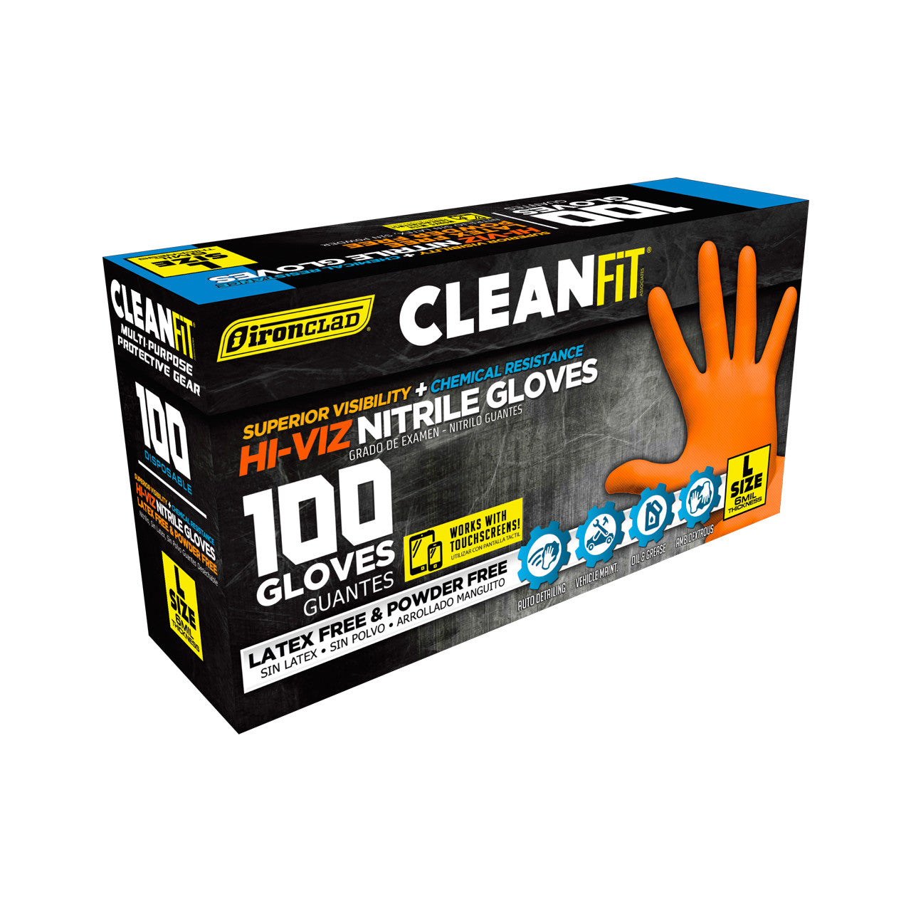 Ironclad (ORANGE)-6MIL TEXTURED - 100 PK CLEAN-FIT DISPOSABLE NITRILE GLOVES-POWDER-FREE