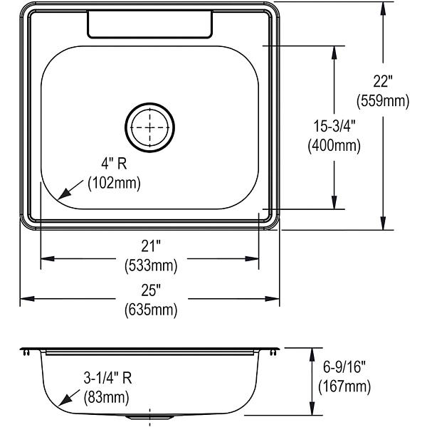 Elkay D12522 Dayton® Stainless Steel 25" x 22" x 6-9/16" Single Bowl Drop-in Sink