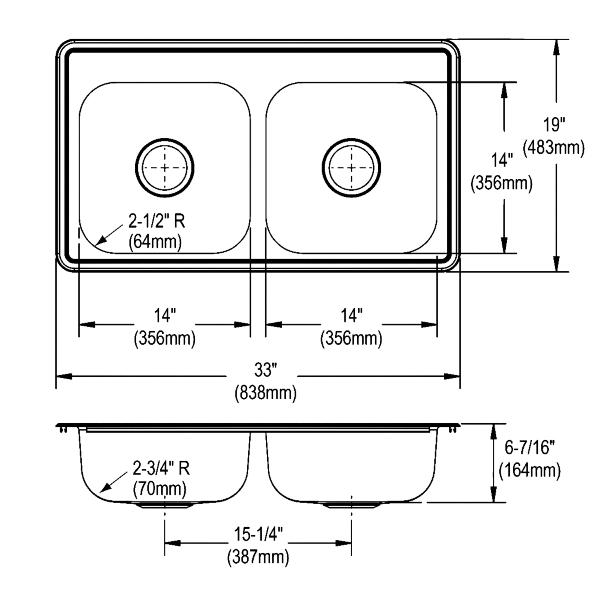 Elkay D23319 Dayton® Stainless Steel 33" x 19" x 6-7/16" Equal Double Bowl Drop-in Sink