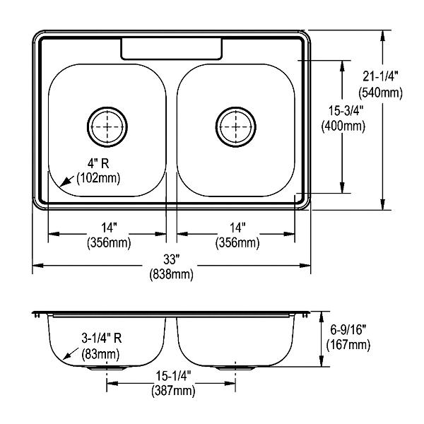 Elkay D23321 Dayton® Stainless Steel 33" x 21-1/4" x 6-9/16" Equal Double Bowl Drop-in Sink