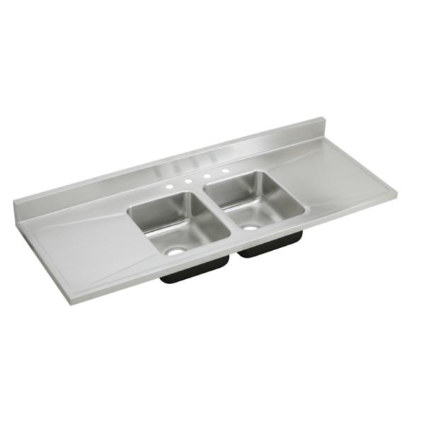 Elkay D66294 Lustertone Classic Stainless Steel 66" x 25" x 7-1/2" 4-Hole Equal Double Bowl Sink Top with Drainboard