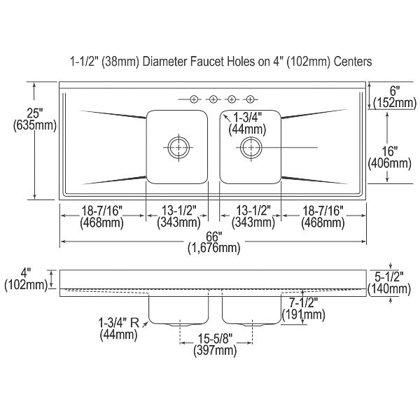 Elkay D66294 Lustertone Classic Stainless Steel 66" x 25" x 7-1/2" 4-Hole Equal Double Bowl Sink Top with Drainboard