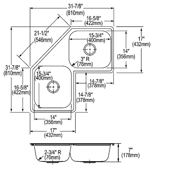 Elkay DE21732 Dayton® Stainless Steel 31-7/8" x 31-7/8" x 7" Equal Double Bowl Corner Sink