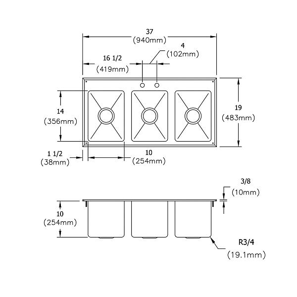 Elkay DI-3C-101410X Stainless Steel 37" x 19" x 10" 18 Gauge Three Drop-In Compartment Sink