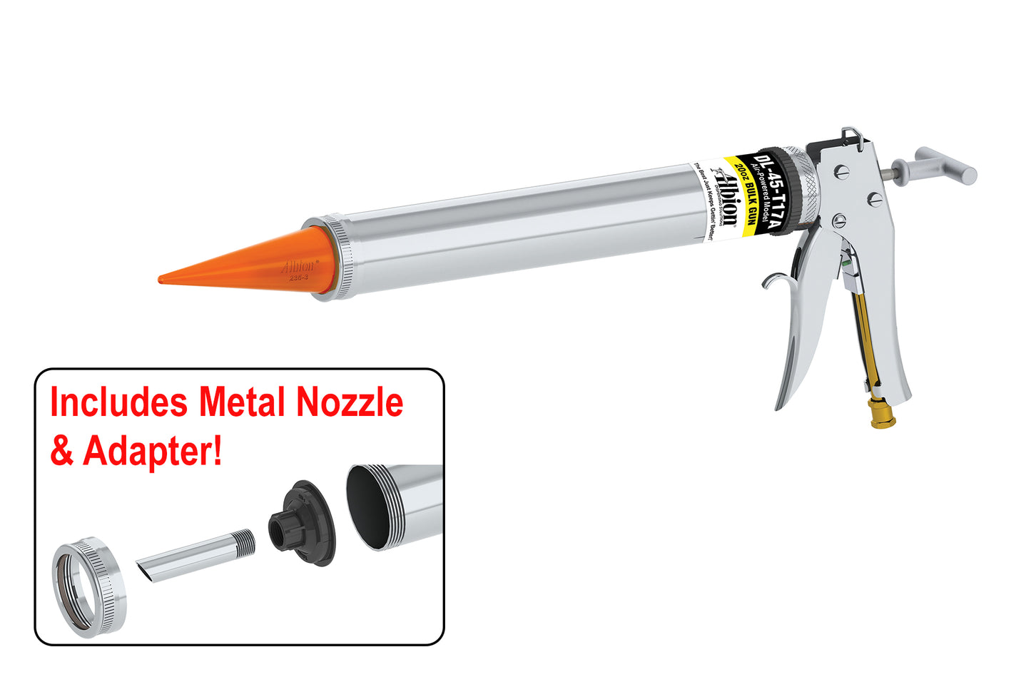 Albion Engineering DL-45-T17A 20oz Air Powered Bulk Gun – Orange Cone Nozzles | Albion Engineering