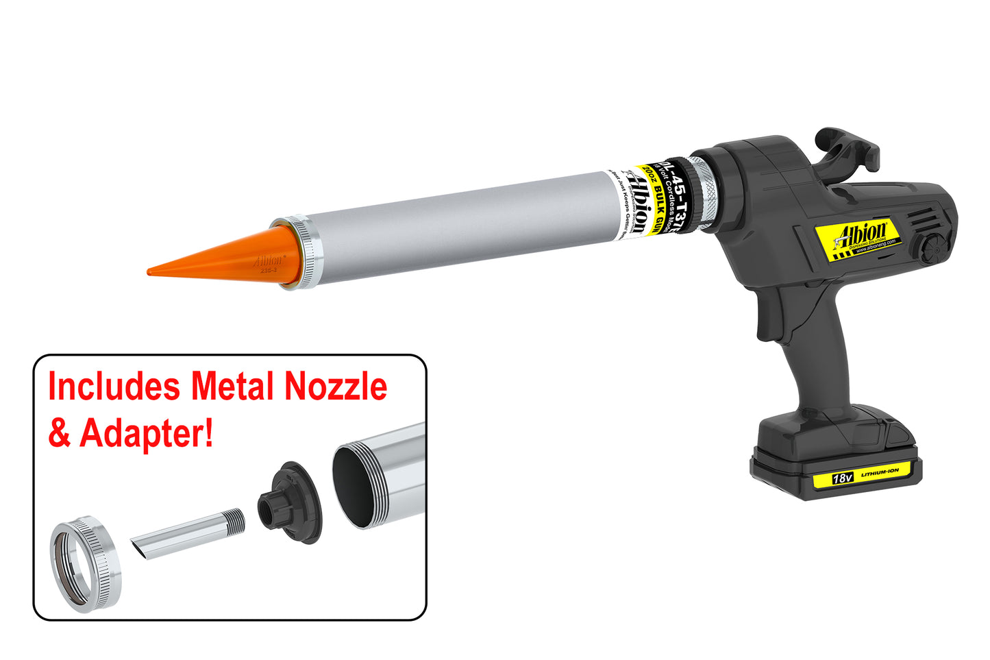 Albion Engineering DL-45-T37E 20oz Cordless Bulk Gun w/ Aluminum Barrel and Orange Cone Nozzles 18 Volt