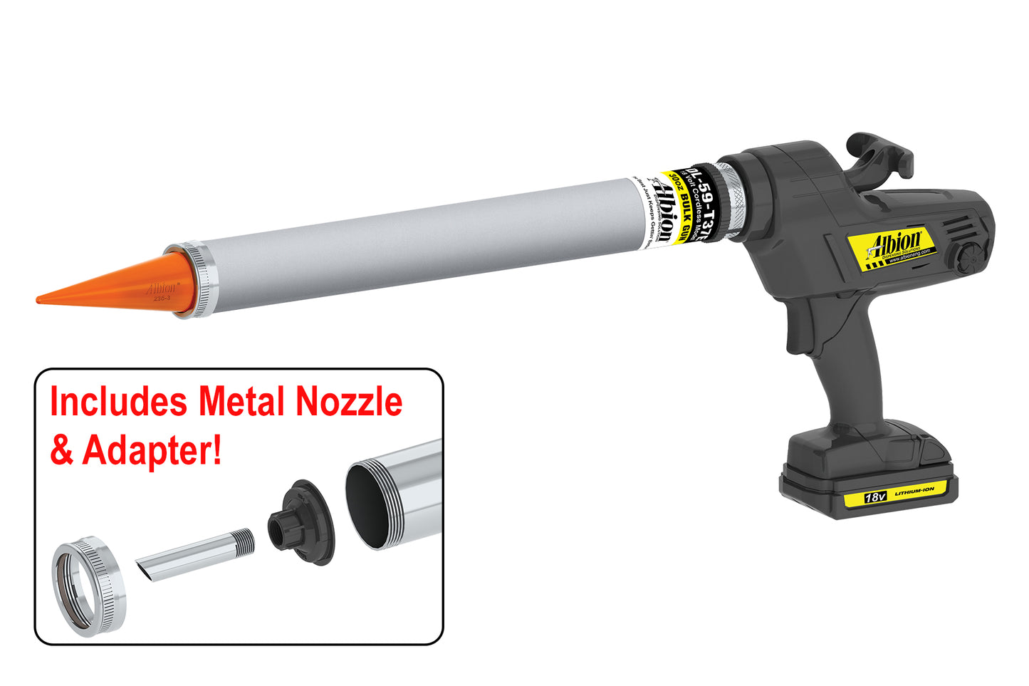 Albion Engineering DL-59-T37E 30oz Cordless Bulk Gun w/ Aluminum Barrel and Orange Cone Nozzles 18 Volt