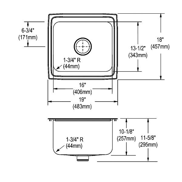 Elkay DLFR191810PD Lustertone® Classic Stainless Steel 19" x 18" x 10-1/8" Single Bowl Drop-in Bar Sink with Perfect Drain®