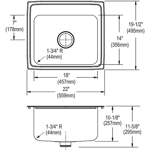 Elkay DLR221910PD Lustertone® Classic Stainless Steel 22" x 19-1/2" x 10-1/8" Single Bowl Drop-in Sink with Perfect Drain®