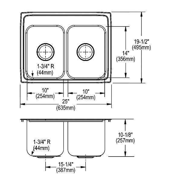 Elkay DLR251910 Lustertone® Classic Stainless Steel 25" x 19-1/2" x 10-1/8" Equal Double Bowl Drop-in Sink