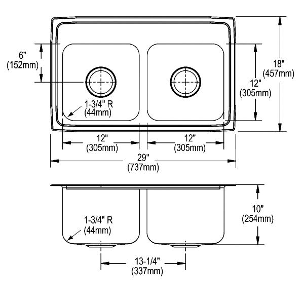 Elkay DLR291810 Lustertone® Classic Stainless Steel 29" x 18" x 10" Equal Double Bowl Drop-in Sink