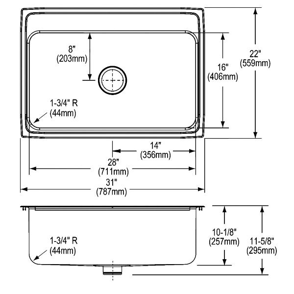 Elkay DLR312210PD Lustertone® Classic Stainless Steel 31" x 22" x 10-1/8" Single Bowl Drop-in Sink with Perfect Drain®