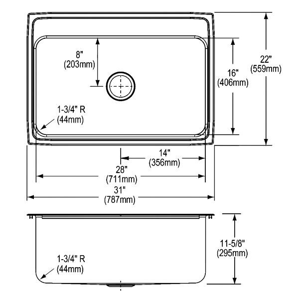Elkay DLR312212 Lustertone® Classic Stainless Steel 31" x 22" x 11-5/8" Single Bowl Drop-in Sink