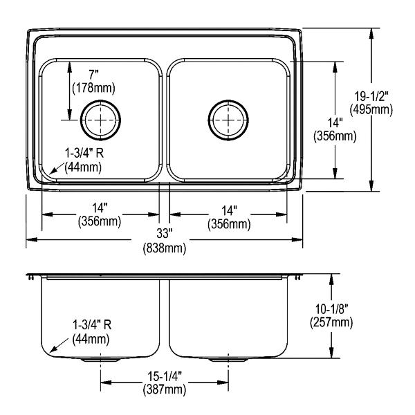 Elkay DLR331910 Lustertone® Classic Stainless Steel 33" x 19-1/2" x 10-1/8" Equal Double Bowl Drop-in Sink