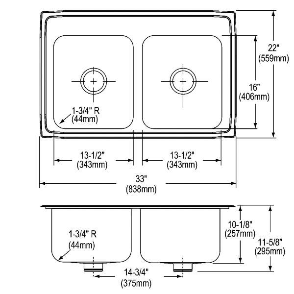 Elkay DLR332210PD Lustertone® Classic Stainless Steel 33" x 22" x 10-1/8" Equal Double Bowl Drop-in Sink with Perfect Drain®