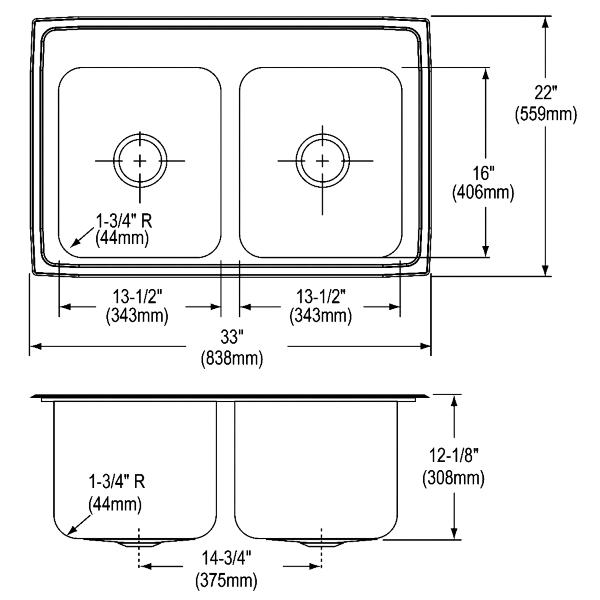 Elkay DLR332212 Lustertone® Classic Stainless Steel 33" x 22" x 12-1/8" Equal Double Bowl Drop-in Sink