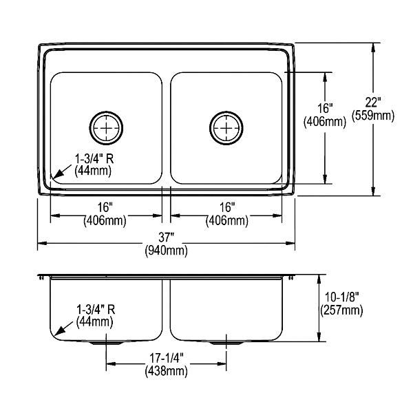 Elkay DLR372210 Lustertone® Classic Stainless Steel 37" x 22" x 10-1/8" Equal Double Bowl Drop-in Sink