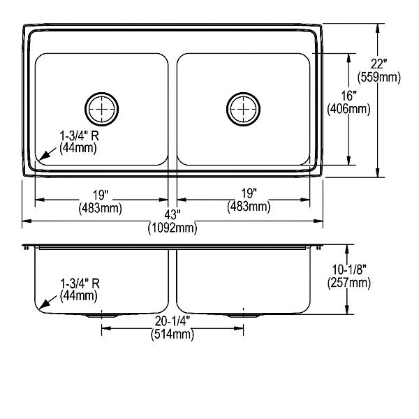 Elkay DLR432210 Lustertone® Classic Stainless Steel 43" x 22" x 10-1/8" Equal Double Bowl Drop-in Sink
