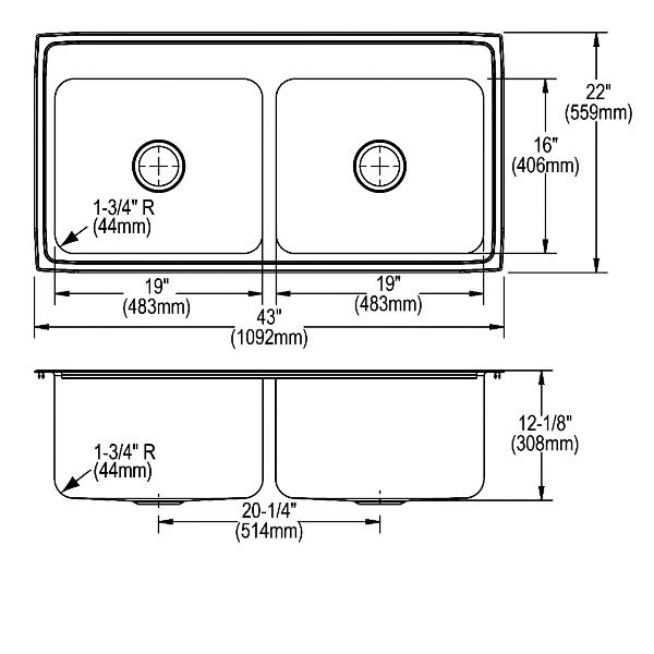 Elkay DLR432212 Lustertone® Classic Stainless Steel 43" x 22" x 12-1/8" Equal Double Bowl Drop-in Sink