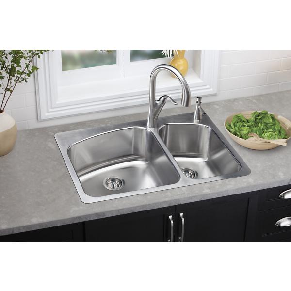 Elkay DPXSR2250R Dayton® Stainless Steel 33" x 22" x 8" 60/40 Double Bowl Dual Mount Sink