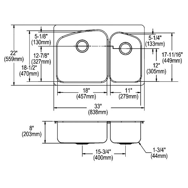 Elkay DPXSR2250R Dayton® Stainless Steel 33" x 22" x 8" 60/40 Double Bowl Dual Mount Sink