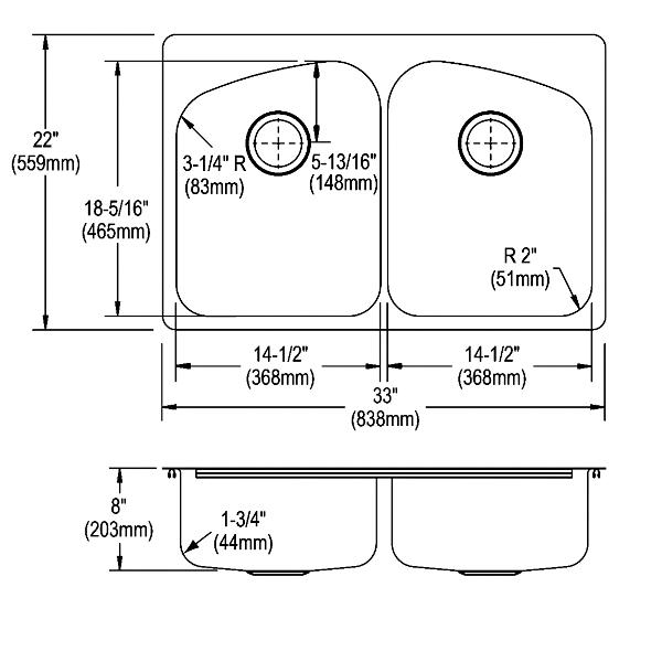 Elkay DPXSR23322 Dayton® Stainless Steel 33" x 22" x 8" Equal Double Bowl Dual Mount Sink