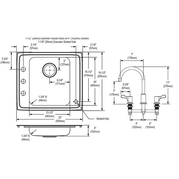 Elkay DRKAD222040C Lustertone® Classic Stainless Steel 22" x 19-1/2" x 4" 4-Hole Single Bowl Drop-in Classroom ADA Sink Kit
