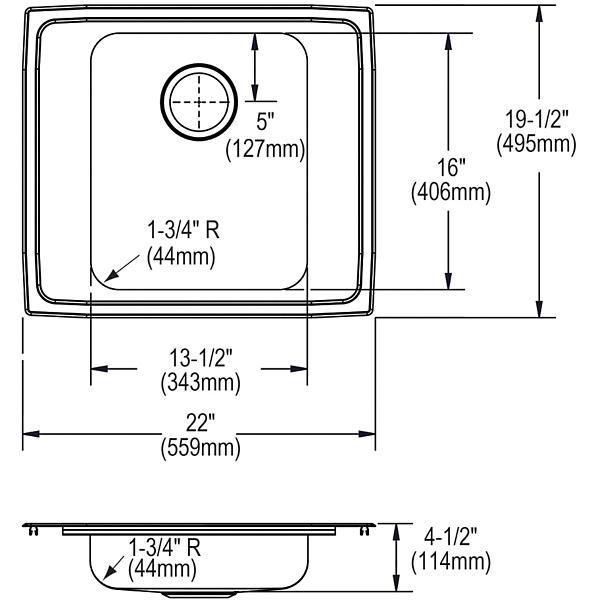 Elkay DRKAD222045 Lustertone® Classic Stainless Steel 22" x 19-1/2" x 4-1/2" Single Bowl Drop-in Classroom ADA Sink