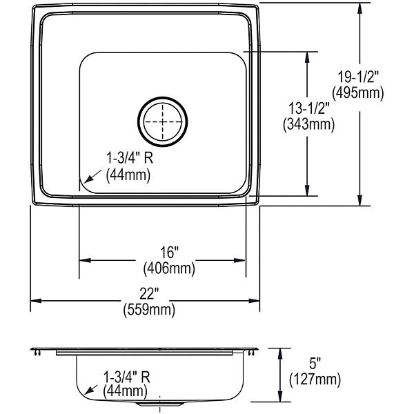 Elkay DRKAD222050L Lustertone Classic Stainless Steel 22" x 19-1/2" x 5" Single Bowl Drop-in Classroom ADA Sink