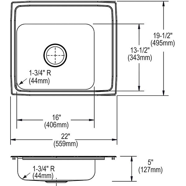 Elkay DRKAD222050R Lustertone® Classic Stainless Steel 22" x 19-1/2" x 5" Single Bowl Drop-in Classroom ADA Sink