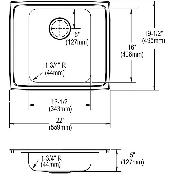 Elkay DRKAD222050 Lustertone® Classic Stainless Steel 22" x 19-1/2" x 5" Single Bowl Drop-in Classroom ADA Sink