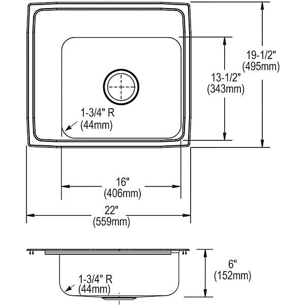 Elkay DRKAD222060L Lustertone® Classic Stainless Steel 22" x 19-1/2" x 6" Single Bowl Drop-in Classroom ADA Sink