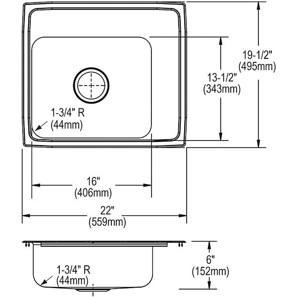 Elkay DRKADQ222060R Lustertone® Classic Stainless Steel 22" x 19-1/2" x 6" Single Bowl Drop-in Classroom ADA Sink