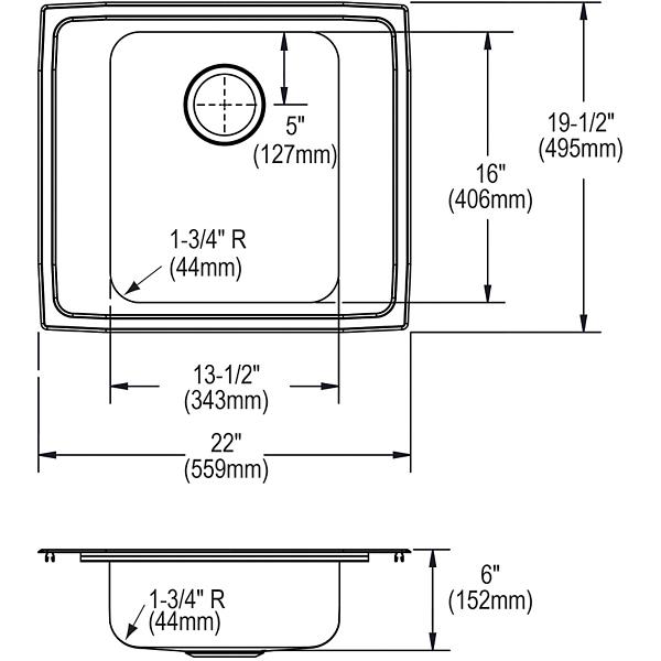 Elkay DRKAD222060 Lustertone® Classic Stainless Steel 22" x 19-1/2" x 6" Single Bowl Drop-in Classroom ADA Sink