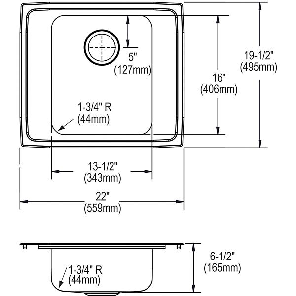 Elkay DRKADQ222065 Lustertone® Classic Stainless Steel 22" x 19-1/2" x 6-1/2" Single Bowl Drop-in Classroom ADA Sink