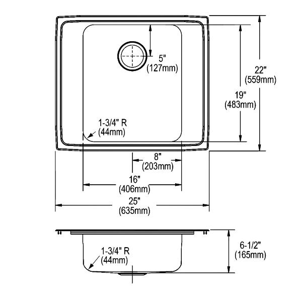 Elkay DRKAD252265 Lustertone® Classic Stainless Steel 25" x 22" x 6-1/2" Single Bowl Drop-in Classroom ADA Sink