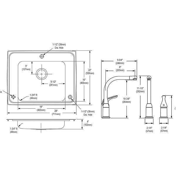 Elkay DRKAD282240LC Lustertone® Classic Stainless Steel 28" x 22" x 4" Single Bowl Drop-in Classroom ADA Sink+Faucet/Bubbler Kit